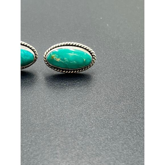 Signed Sterling Silver Turquoise Oval Rope Bezel Post Stud Earrings 17mm - Picture 4 of 14